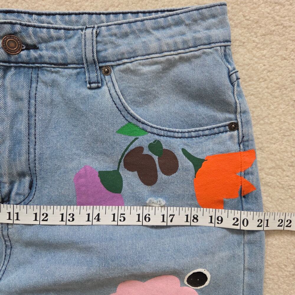 Misslook XL Distressed Denim Floral Painted Artsy Hippie Boho Straight Leg Jeans - Picture 5 of 11